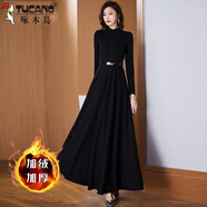 啄木鳥(niǎo)（TUCANO）秋冬長(cháng)袖加絨加厚連衣裙女長(cháng)款到腳踝2025年新款春季氣質(zhì)超長(cháng)裙子 黑色加絨款【送腰帶】 3XL