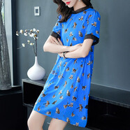 SAPATINHO DE LUXO連衣裙夏新品歐美印花寬松顯瘦真絲連衣裙短袖桑蠶絲裙 藍色 S