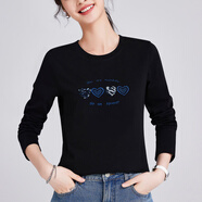 修嫻（soossn）絲光棉長袖t恤女2025秋季新款愛心刺繡休閑寬松顯瘦大碼上衣 黑色 M