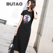 BUTAO女裝韓版印花短袖t恤連衣裙女中長(zhǎng)款過(guò)膝夏季新款時(shí)尚百搭顯瘦裙 黑色 M