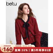 百圖betu冬季新款女士蝴蝶結(jié)針織衫小香風毛衣女2412T11 紅色 XS