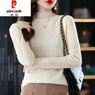 皮爾卡丹長(cháng)袖打底針織衫女半高領(lǐng)套頭毛衣加厚保暖修身百搭內搭毛衫秋新 夾花米 M