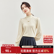 尚都比拉秋冬半高領燈籠袖針織衫女修身顯瘦打底衫內搭上衣 米杏色 L 