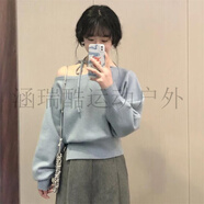 涵瑞酷秋冬韓式懶散大學(xué)風(fēng)格覆古短肩套頭針織衫女裝設計寬松針織衫上衣 淺藍色針織衫 S