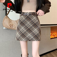 皮爾卡丹（pierre cardin）毛呢格子半身裙女秋冬款2025新款復(fù)古高腰包臀裙防走光a字短裙子 咖格+腰帶 S