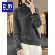 羅蒙（ROMON）秋冬針織衫女新款寬松半高領(lǐng)帶鉆公主袖針織毛衣顯瘦打底衫厚 灰色 均碼 建議80-145斤