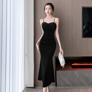 彈簧人2025秋冬新滿(mǎn)天星-絲絨燙鉆吊帶魚(yú)尾收腰小禮服連衣裙女神款 黑色 XL