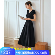 Olrain歐芮兒深灰色連衣裙女裝夏季新款時(shí)尚收腰顯瘦傘擺裙子 黑色 S