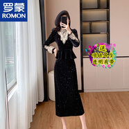 羅蒙赫本小香風(fēng)假兩件絲絨連衣裙法式復古名媛氣質(zhì)長(cháng)袖黑色晚禮服長(cháng)裙 黑色 S
