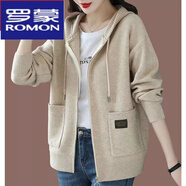 羅蒙（ROMON）連帽開(kāi)衫外套女2025春秋新款韓版時(shí)尚外搭拉鏈毛衣帶帽針織羊毛衫 米色 3XL 建議140-150斤左右