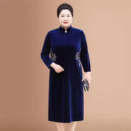 啄木鳥(niǎo)（TUCANO）金絲絨連衣裙秋冬胖媽M媽加肥加大刺繡長(cháng)裙中國民族風(fēng)大|碼旗袍女 藍色 L 建議110-130斤