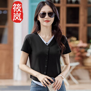 筱嵐假兩件短袖t恤女裝2025新款夏季寬松小衫高腰小個(gè)子短款上衣洋氣 黑色 2XL