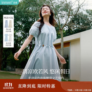 茵曼度假風(fēng)腰繩收腰連衣裙夏季女裝百搭溫柔燈籠袖氣質(zhì)長(zhǎng)裙淺藍(lán)色  L