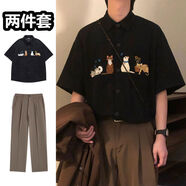 藝沃服飾夏季美式覆古短袖襯衫套裝男學(xué)院風(fēng)貓咪刺繡百搭男女上衣 刺繡黑色襯衫咖色西褲兩件 M
