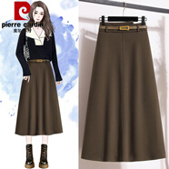 皮爾卡丹2025新款配腰帶毛呢半身裙女中長(cháng)款春秋冬季松緊高腰遮跨a字裙子 咖色 配送腰帶 M 建議90-105斤