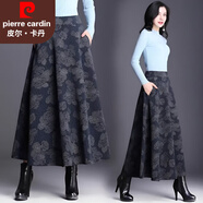 皮爾卡丹中老年媽媽裝毛呢A字半身裙女秋冬季洋氣大碼高腰顯瘦大擺長(cháng)裙子 -深藍色花紋【高質(zhì)量】 L 100-120斤