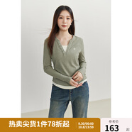 獨束大碼女裝時(shí)髦假兩件百搭T恤女春裝新款V領(lǐng)顯瘦慵懶感長(cháng)袖小上衣 灰豆綠 3XL (尺碼：5)