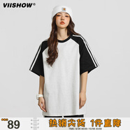 威秀學(xué)院風(fēng)落肩袖條紋短袖t恤男夏季國(guó)潮街頭上衣半袖百搭潮牌 黑灰拼色 L