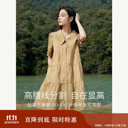 茵曼（INMAN）田園風Polo領(lǐng)連衣裙女裝2025夏季新品泡泡袖裙子 深褐色-新  L