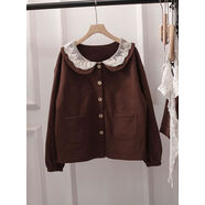 覆古日系設計感蕾絲娃娃領(lǐng)衛衣外套女森女系百搭長(cháng)袖打底衫有大碼 棕色 均碼 均碼