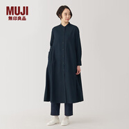 無印良品（MUJI）女式 法蘭絨 立領長袖連衣裙 女裝裙子 襯衫式 秋季 深藏青色 S (155/80A)