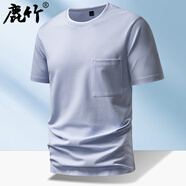 鹿竹爸爸夏裝白色t恤短袖真口袋中年男士圓領(lǐng)汗衫中老年人夏季上衣男 淺灰蘭【彈力棉面料】 均碼 175L【135斤-155斤】