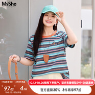 MsShe【全棉】大碼女裝2025夏裝胖mm彩色條紋提花正肩短袖T恤上衣 北歐藍(lán)色現(xiàn)貨 2XL