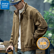 真維斯（Jeanswest）春秋款立領(lǐng)工裝夾克男潮牌復古大碼上衣男士純棉美式休閑外套冬季 卡其加棉 3XL