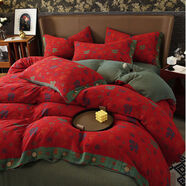 夢(mèng)潔家紡2025復古中式富貴色織全棉雙層紗四件套A類(lèi)母嬰吸濕透氣純棉 紅百福到 200*230單245*250的四件套