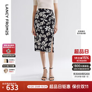 朗姿高腰黑白印花雙色半身裙修身開衩2025年夏季新款高級感碎花裙 黑色 S