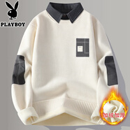 花花公子（PLAYBOY）一體絨毛衣男秋冬款加絨加厚假兩件長(cháng)袖衣服潮牌襯衫領(lǐng)打底針織衫 R9896米白色 加絨 (襯衫領(lǐng)) 3XL 建議155-175斤