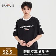 三福2025夏季男士運動(dòng)風(fēng)杠條短袖T恤 休閑寬松圓領(lǐng)上衣497849 黑色 L