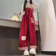 韓系穿搭一整套學(xué)院風(fēng)甜美可愛(ài)格紋拼接背帶褲疊穿條紋上衣女學(xué)生 【單件】紅色背帶褲 XL 碼數推薦【115-130斤】