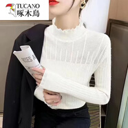 啄木鳥(niǎo)羊·毛2025春上新款甜美打底衫女毛衣半高荷葉領(lǐng)內搭蕾絲針織衫10 米白色 S