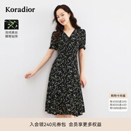 珂萊蒂爾【100桑蠶絲】夏季茶歇裙子碎花V領(lǐng)氣質(zhì)真絲連衣裙女 黑色 S