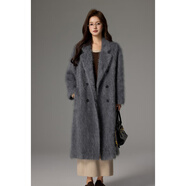 鹿王（KING DEER）紫色羊絨拉絨大衣加內膽長(cháng)毛內襯西裝領(lǐng)雙排扣寬松呢子外套 深灰色 XS