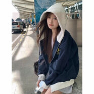 FSHE連帽衛衣女秋季2025新款美式復古學(xué)院風(fēng)女士衛衣外套秋裝新款女裝 藏青色【韓系歐美風(fēng)】不起球 S 適合60-85斤