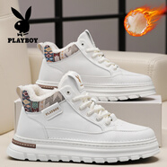 花花公子男鞋冬季2025新款加絨保暖棉鞋子男高幫雪地靴厚底馬丁靴休閑板鞋 白色【加絨款】 40