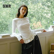 森馬（Semir）長袖T恤女純色木耳邊氣質(zhì)緊身冬2025荷葉邊上衣簡約109725101008