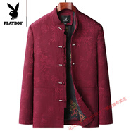 花花公子（PLAYBOY）爸爸秋裝外套中老年唐裝男中國風(fēng)爺爺套裝春秋款老人秋冬衣服70歲 不加絨-紅色(單件上衣) 2XL 43/185