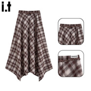 :CHOCOOLATE  it女裝連衣裙法式針織衫斜肩長(cháng)袖T恤秋冬套裝女高腰格紋半身裙 咖色格裙 M