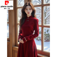 皮爾卡丹2025春季新中式女裝紅色緄邊盤(pán)扣絲絨連衣裙本命年拜年服國風(fēng)裙子 紅色連衣裙【標準版】 S 建議80-95斤