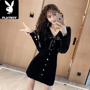 花花公子（PLAYBOY）洋氣顯瘦金絲絨連衣裙女秋冬裝氣質(zhì)女神范遮肉修身性感包臀小黑裙 黑色 XL