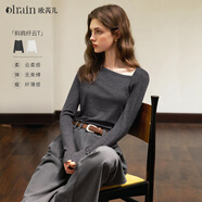 Olrain歐芮兒灰色長(cháng)袖T恤女裝秋季通勤斜肩設計感打底衫上衣 灰色 L