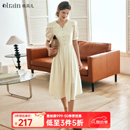 Olrain歐芮兒法式花瓣領(lǐng)連衣裙女夏季新款收腰泡泡袖A字傘裙 杏黃色 M