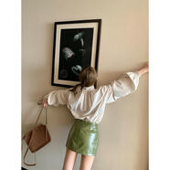 區區歐陽(yáng)pu皮半身裙女冬季辣妹低腰包臀短裙復古顯瘦皮裙短款裙子 雪松綠 M