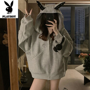 花花公子（PLAYBOY）新品大碼設計感灰色連帽衛衣外套女秋季新款胖MM遮肉顯瘦長(cháng)袖開(kāi)衫 麻灰色【帶耳朵】-旗艦款 M 【建議90-100斤】