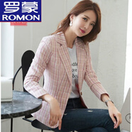 羅蒙（ROMON）格紋短款修身小西裝女外套長(cháng)袖氣質(zhì)韓版西服上衣2025春秋聳肩新款 229格子粉色【雙層】 L