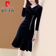 皮爾卡丹（pierre cardin）2025秋冬釘珠顯瘦魚(yú)尾裙長(cháng)袖褶皺遮肚顯瘦V領(lǐng)收腰高端絲絨連衣裙 凡698-藍色 L 適合(100-115斤)