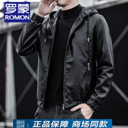 羅蒙（ROMON）皮衣男外套春秋款修身短款連帽帶帽男士皮夾克修身秋冬季加絨加厚 黑色 L 偏小